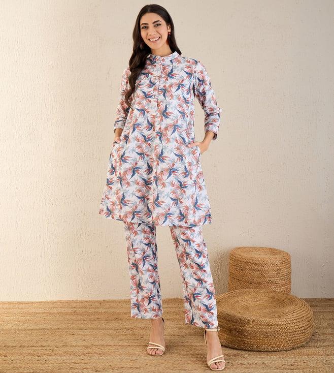 first resort by ramola bachchan white and indigo blue botanical print schiffli co-ordinate set