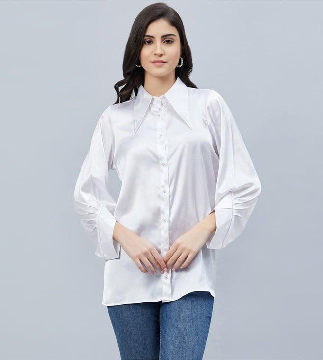 first resort by ramola bachchan white long collar embellished satin shirt