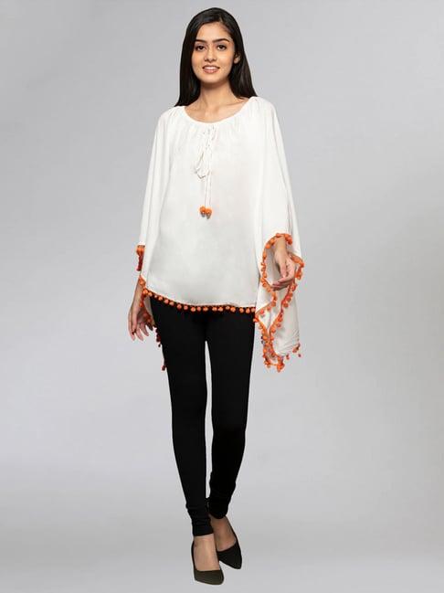 first resort by ramola bachchan white pom poncho top