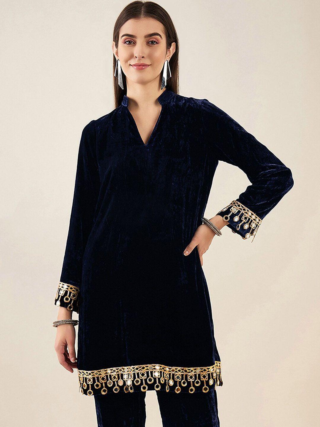 first resort by ramola bachchan women blue & gold-toned mirror work velvet kurta