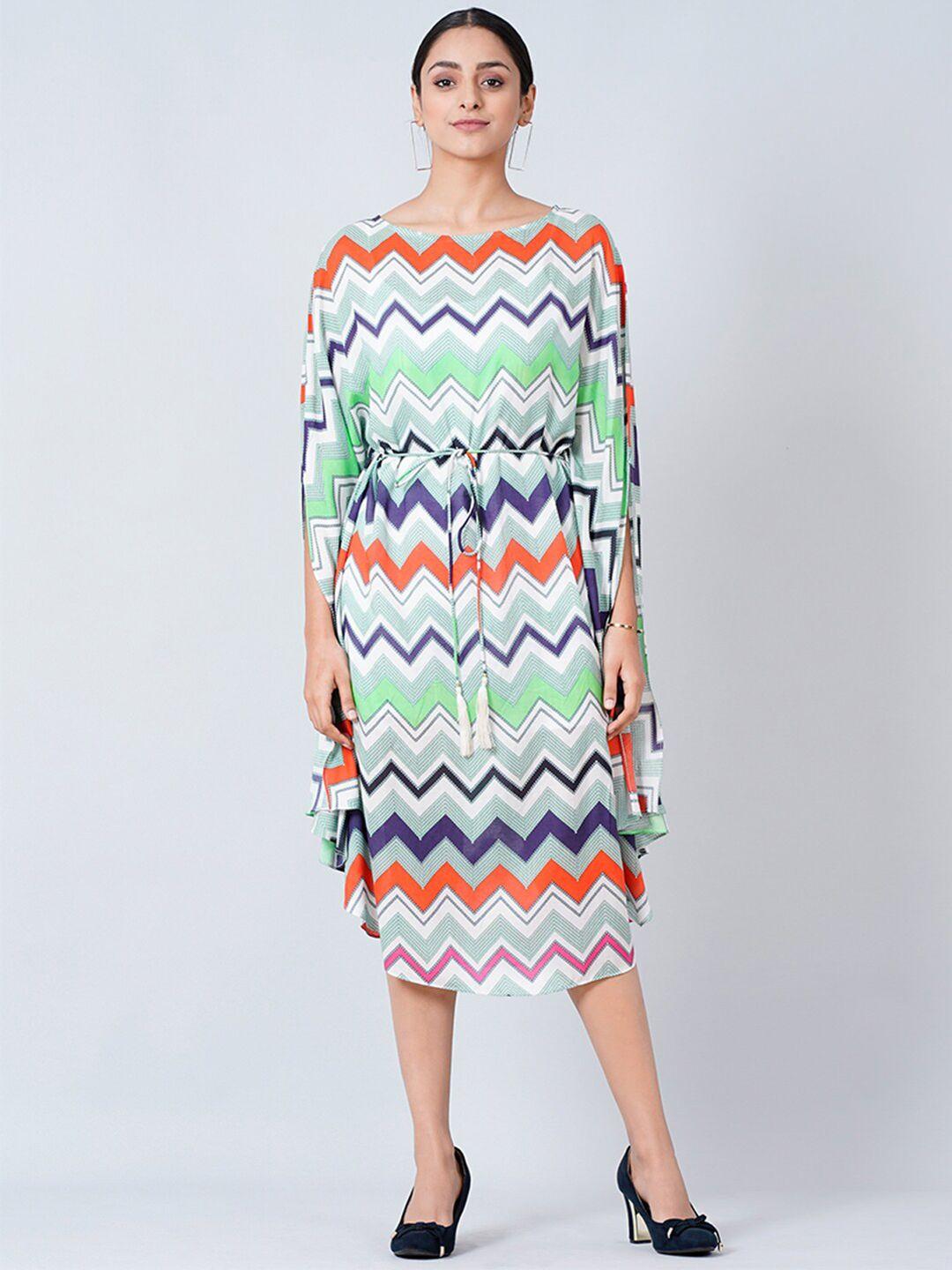 first resort by ramola bachchan women blue & green geometric printed kaftan midi dress