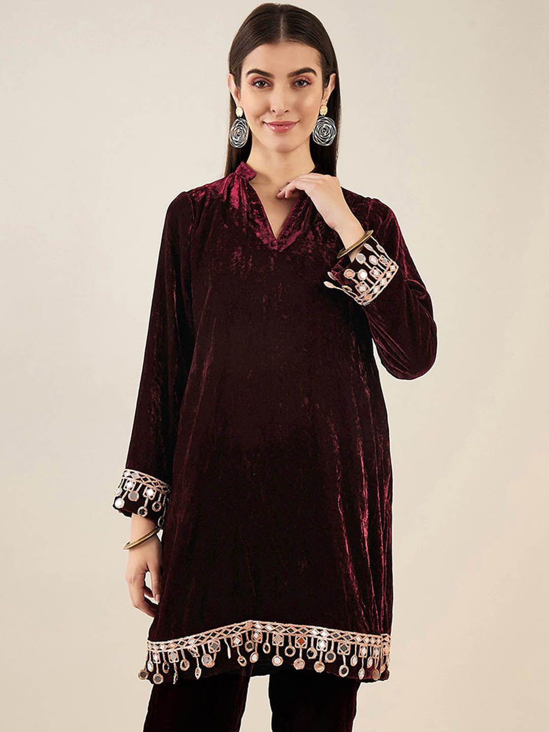 first resort by ramola bachchan women maroon & gold-toned mirror work velvet kurta