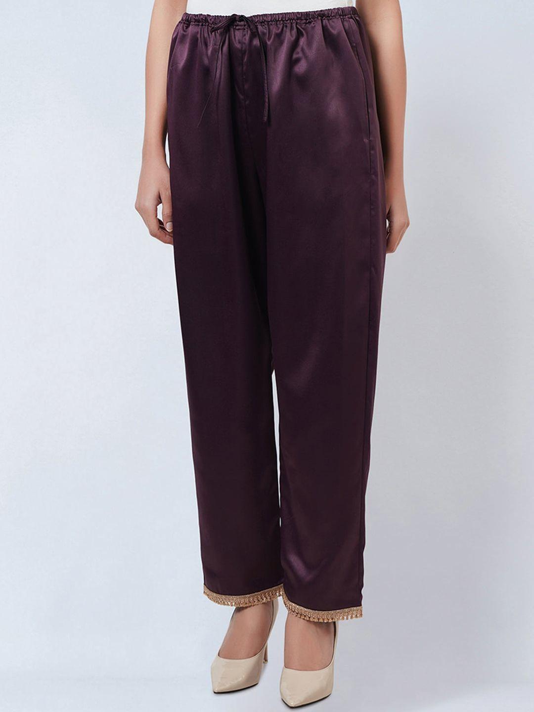 first resort by ramola bachchan women smart fit straight satin trousers with laced hem
