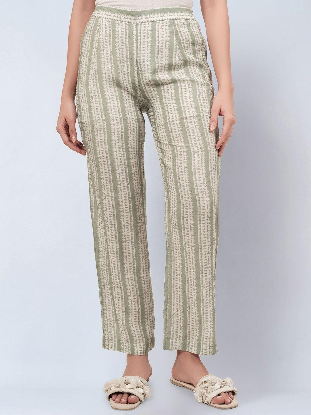first resort by ramola bachchan women smart striped mid-rise cotton parallel trousers
