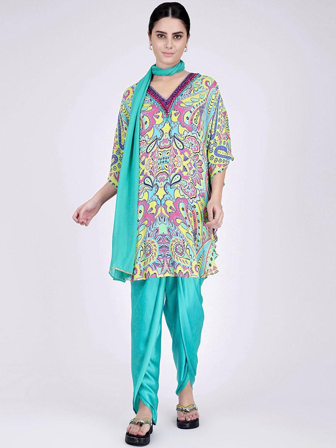 first resort by ramola bachchan women v-neck printed top with trousers & dupatta