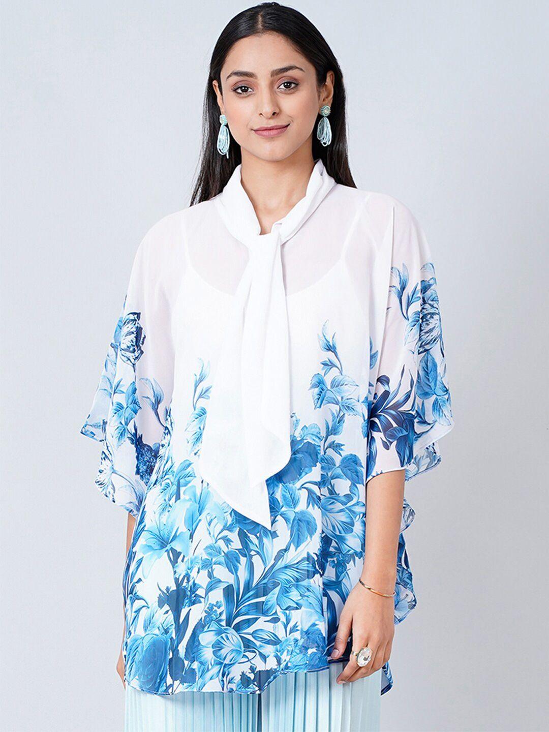 first resort by ramola bachchan women white & blue floral printed longline top