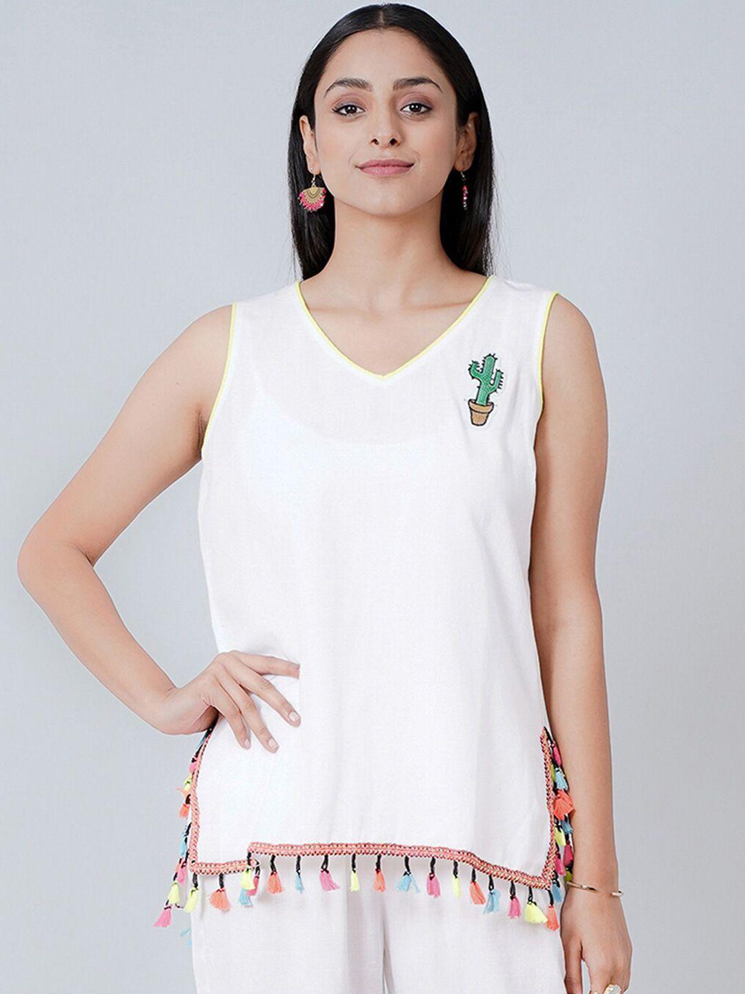 first resort by ramola bachchan women white solid v-neck sleeveless top
