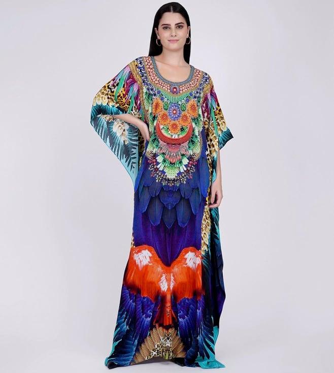 first resort by ramola bachchan yellow and blue tribal embellished silk full length kaftan