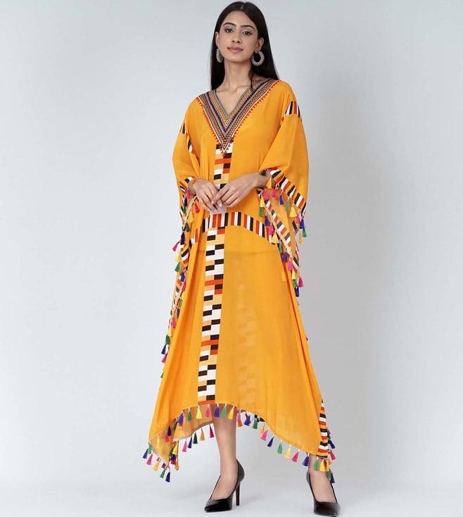 first resort by ramola bachchan yellow geometric mid length kaftan with lace