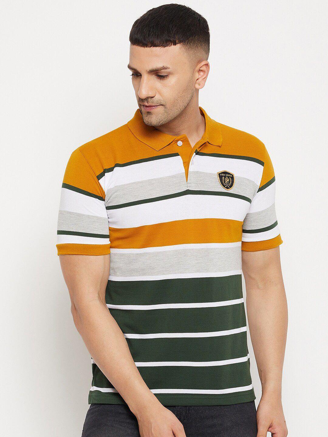 firstkrush men mustard yellow & white striped regular fit cotton polo collar t-shirt