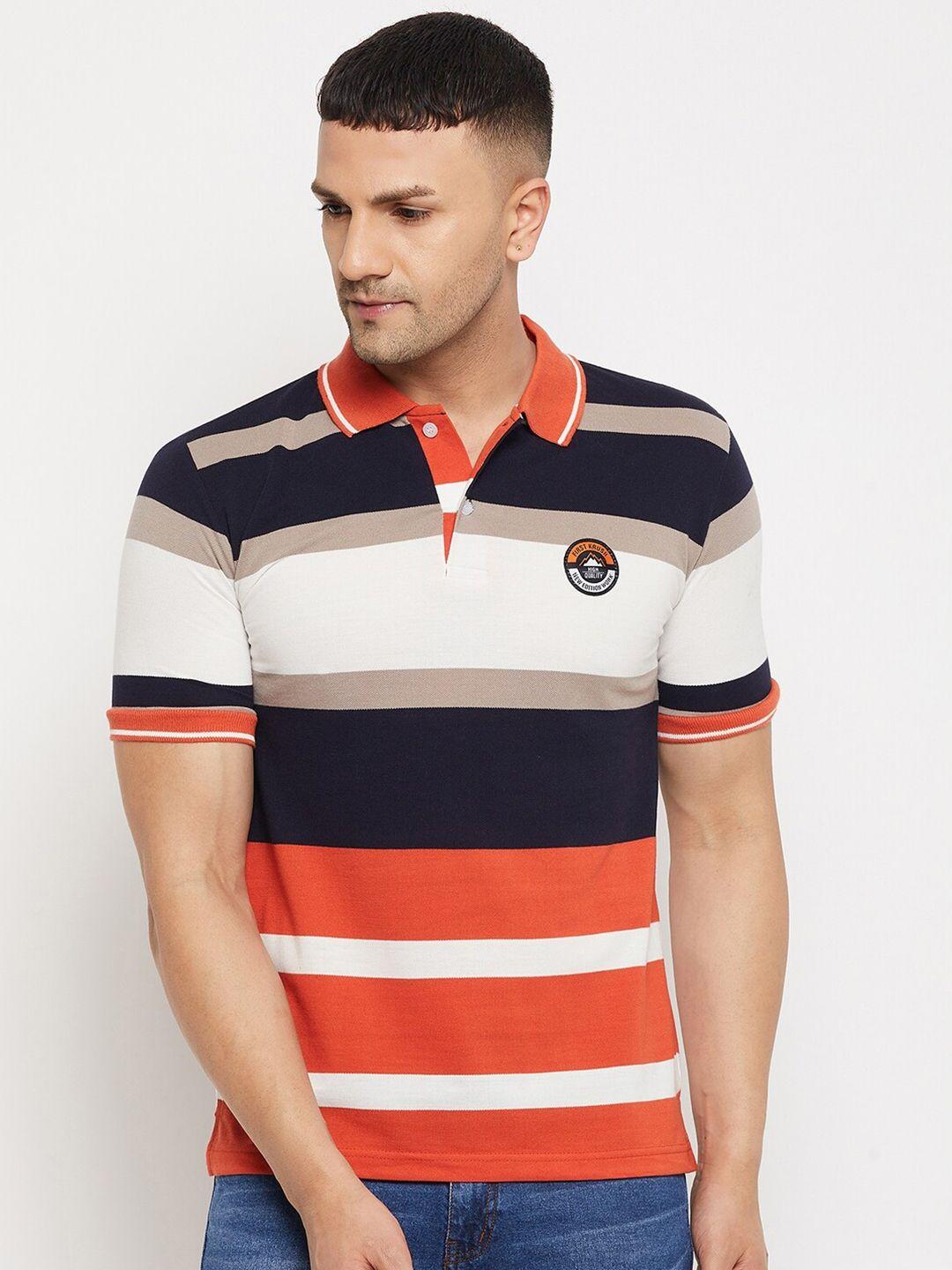 firstkrush men navy blue & orange striped polo collar t-shirt