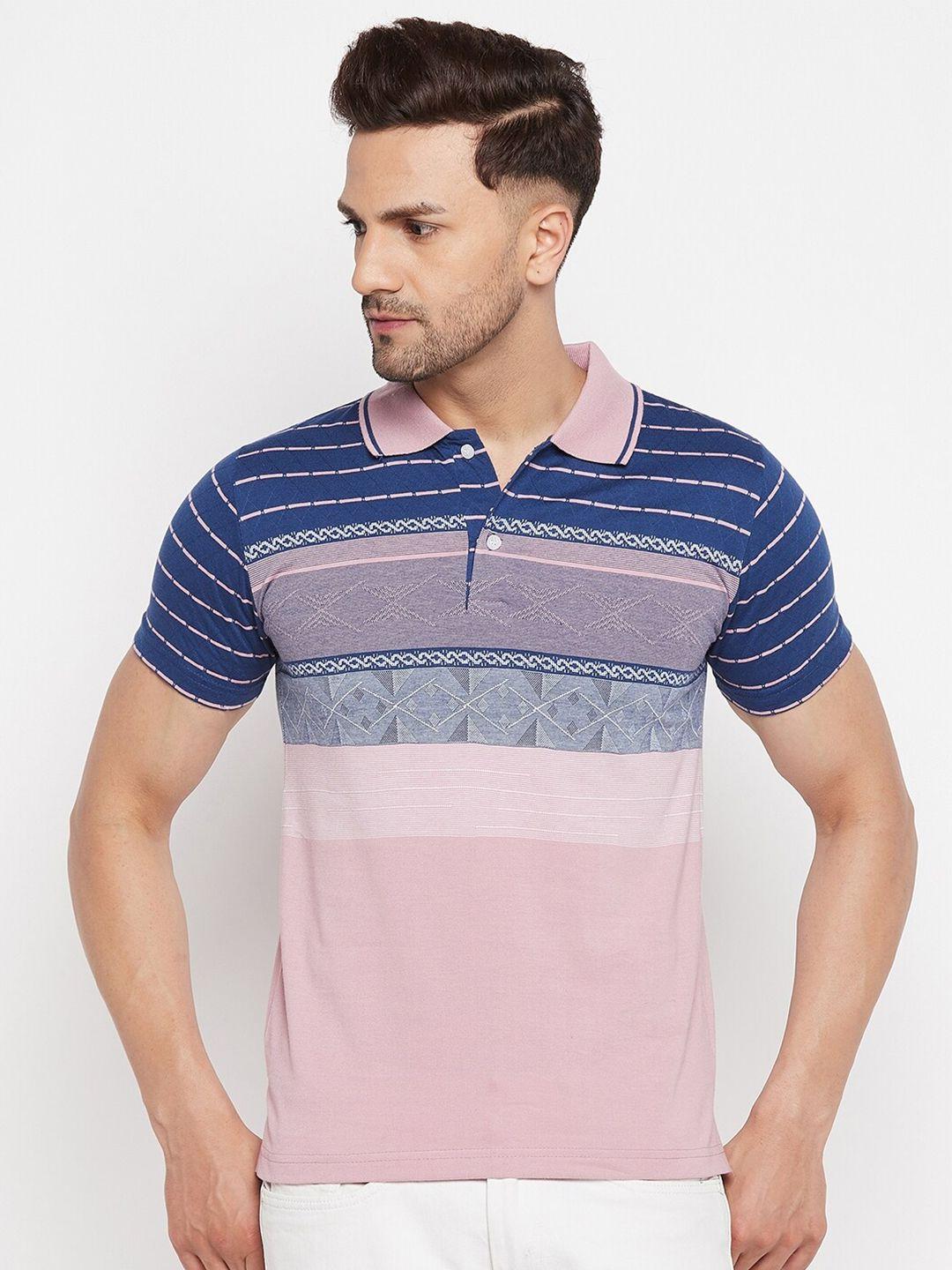 firstkrush men pink & navy blue striped polo collar t-shirt