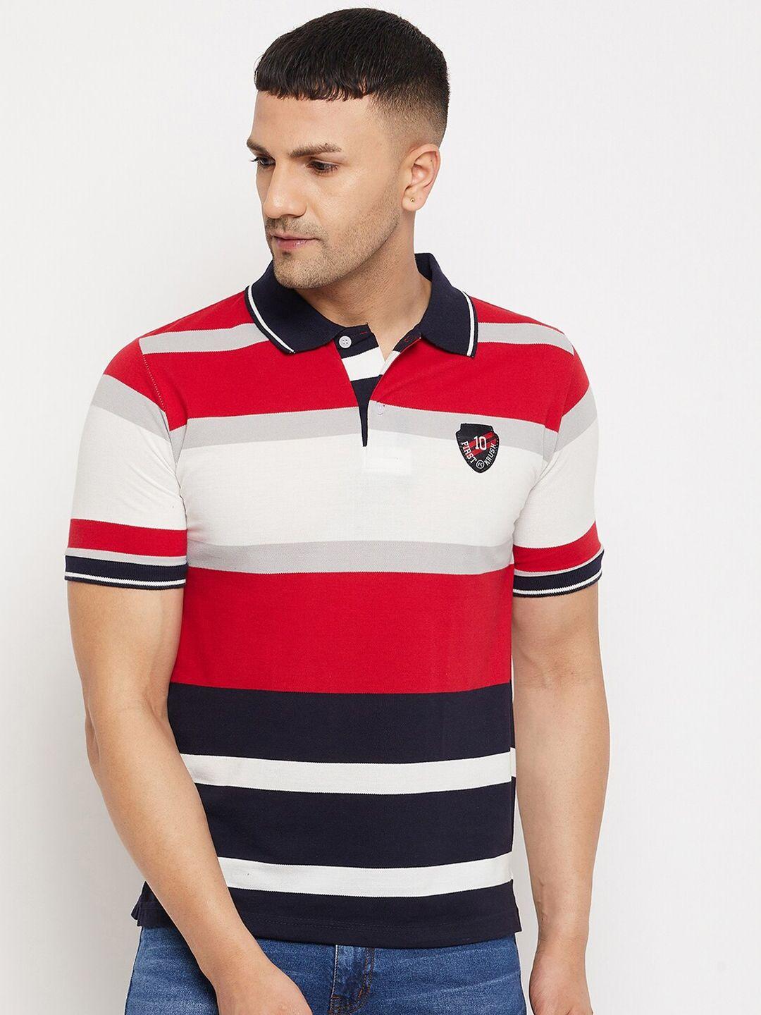 firstkrush men red & white striped polo collar cotton t-shirt