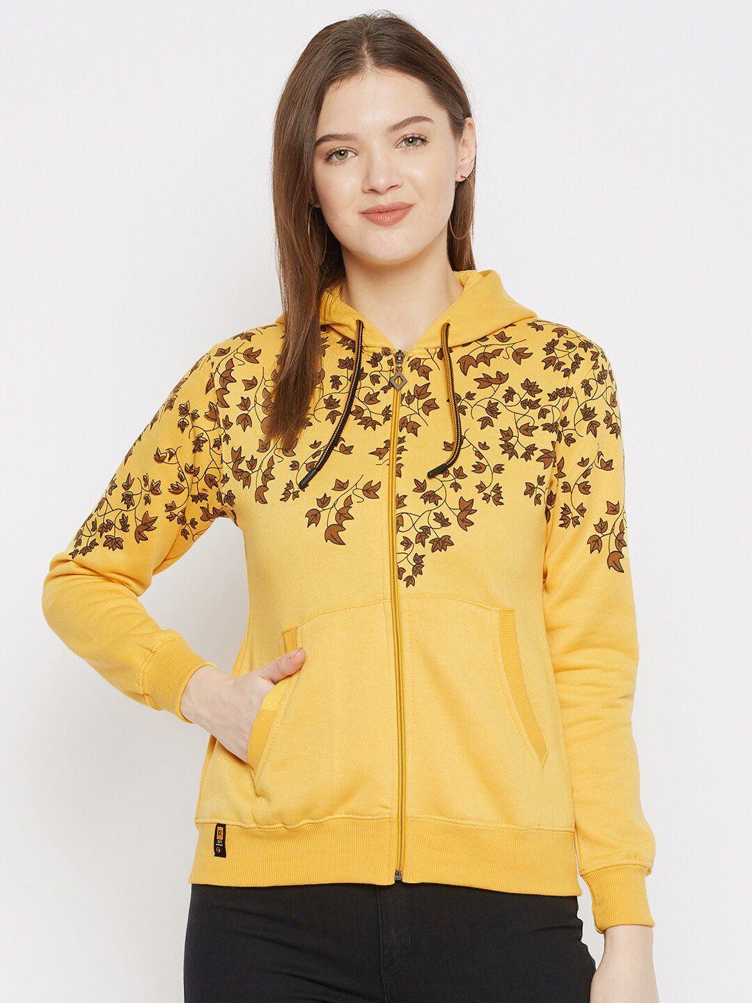 firstkrush women mustard yellow printed hooded sweatshirt