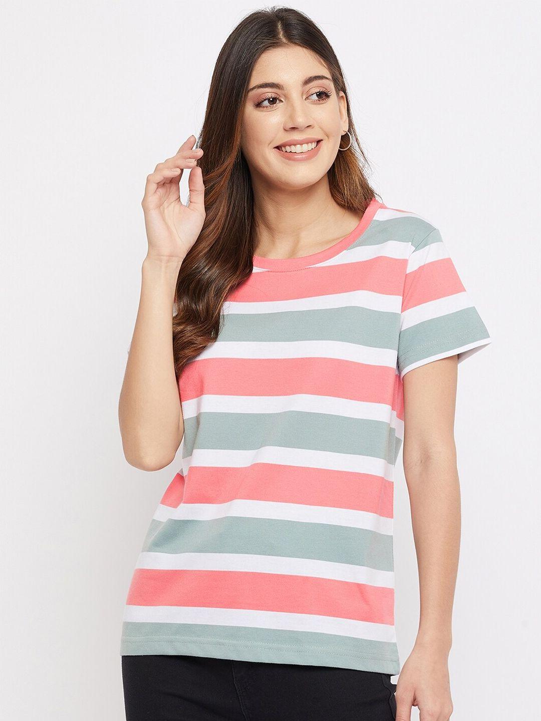 firstkrush women peach-coloured striped cotton t-shirt