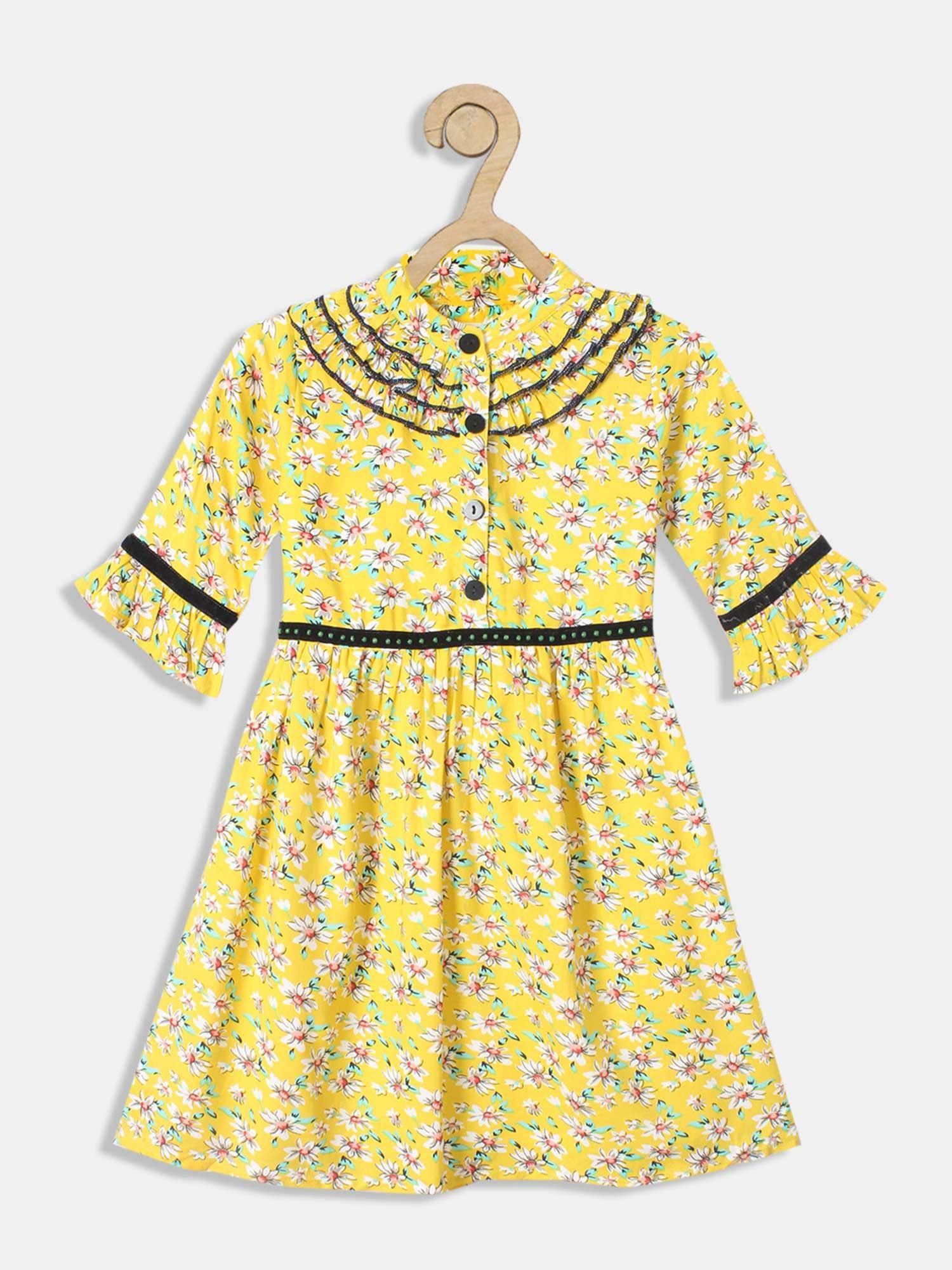 fit & flair ruffled neck cotton floral girls dress - yellow