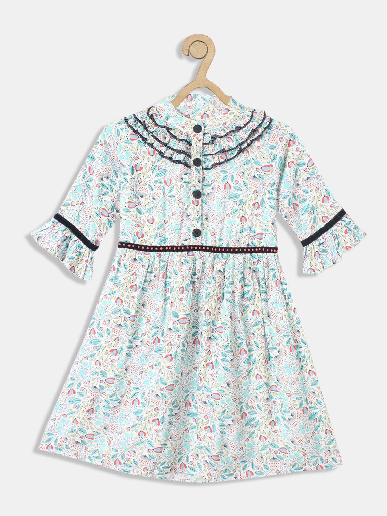 fit & flair ruffled neck cotton printed girls dress - blue