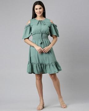 fit & flare dress with cold-shoulder sleeves