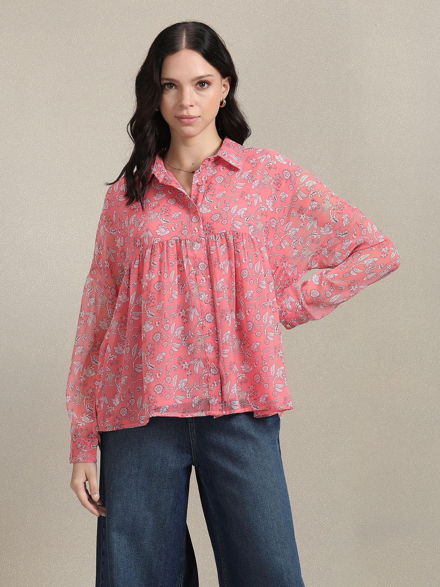 fit & flare floral print shirt pink