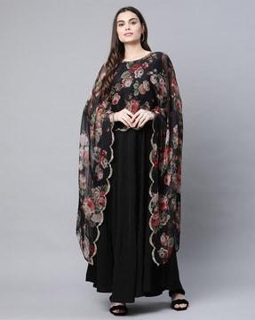 fit & flare gown with floral print dupatta