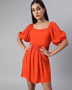 fit and flare dress with puff sleeves