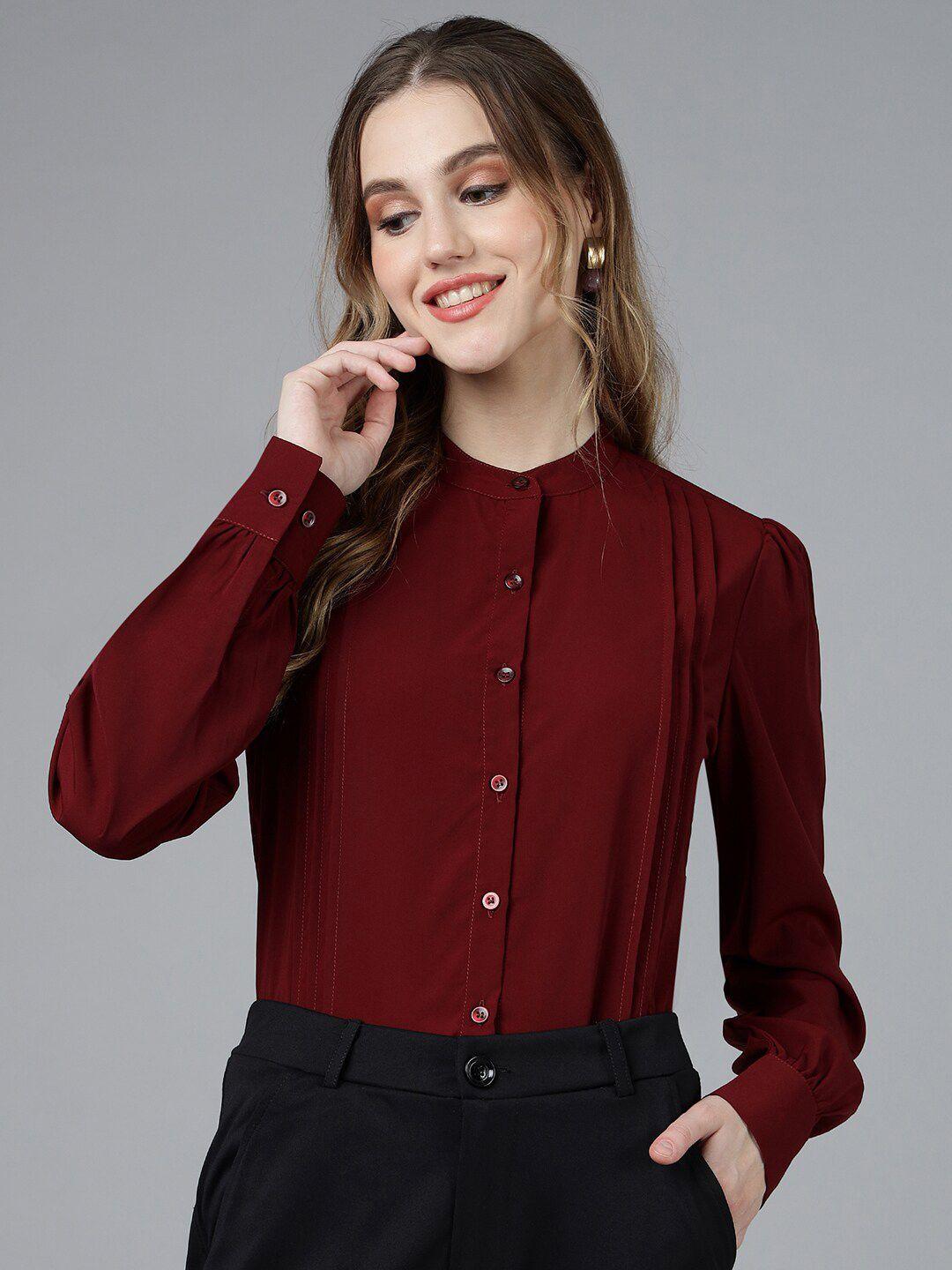 fithub mandarin collar cuffed sleeves pin tucks cotton shirt style top