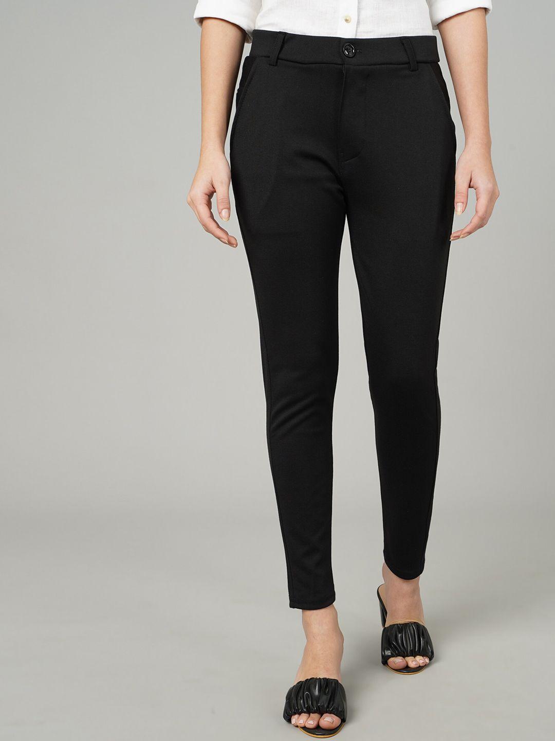 fithub women black sharp slim fit high-rise trousers