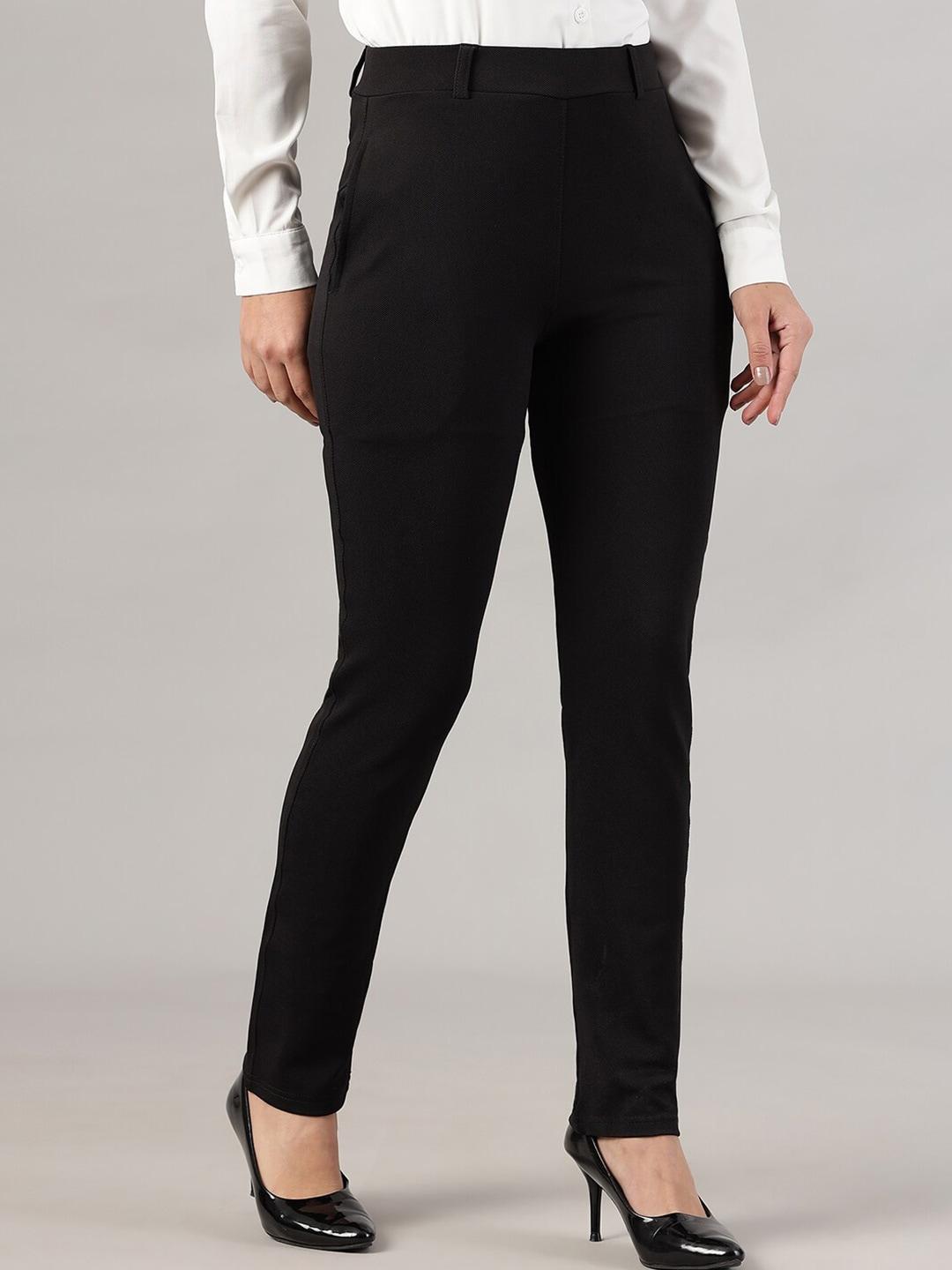 fithub women black slim fit high-rise cotton formal trousers