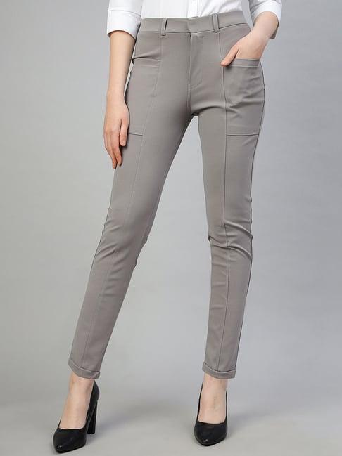 fithub light grey slim fit mid rise trousers