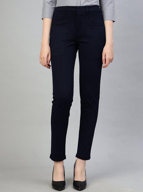 fithub navy slim fit mid rise trousers