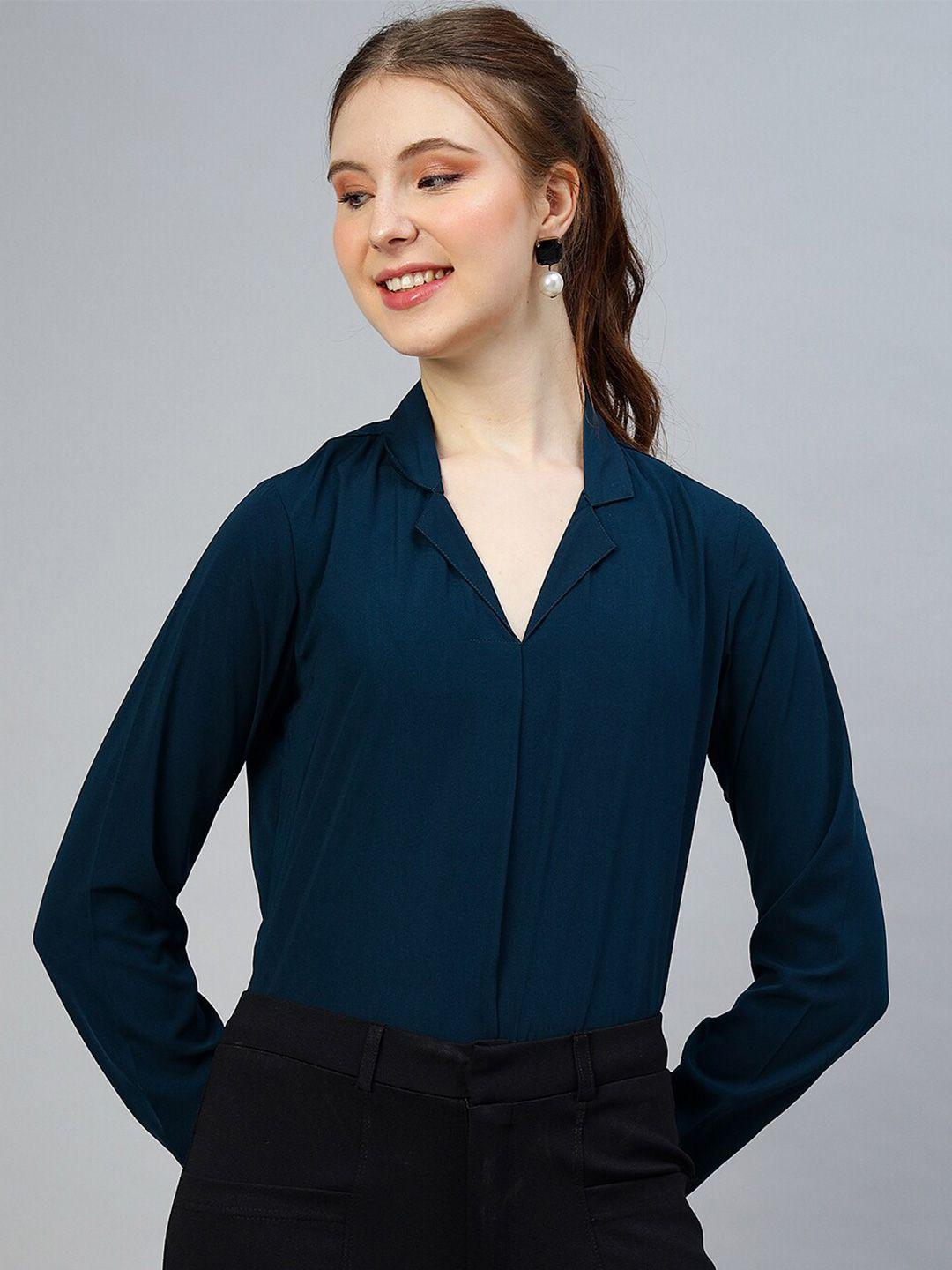 fithub turquoise blue roll-up sleeves shirt style top