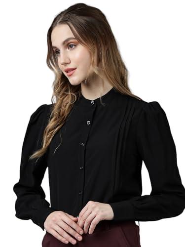 fithub women's trendy design smart puff sleeves mandarin collar formal shirt color(black)