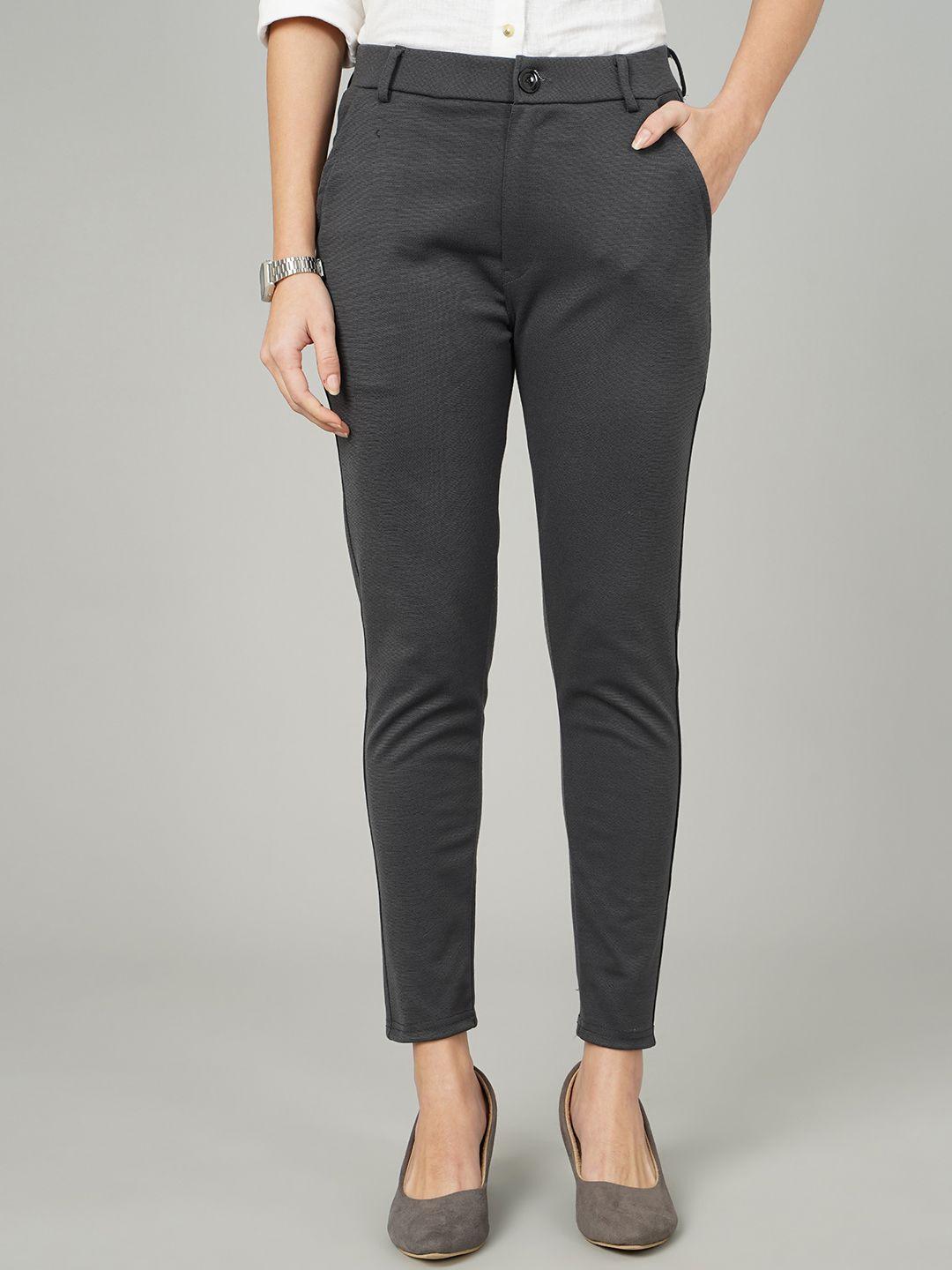 fithub women grey sharp slim fit high-rise trousers