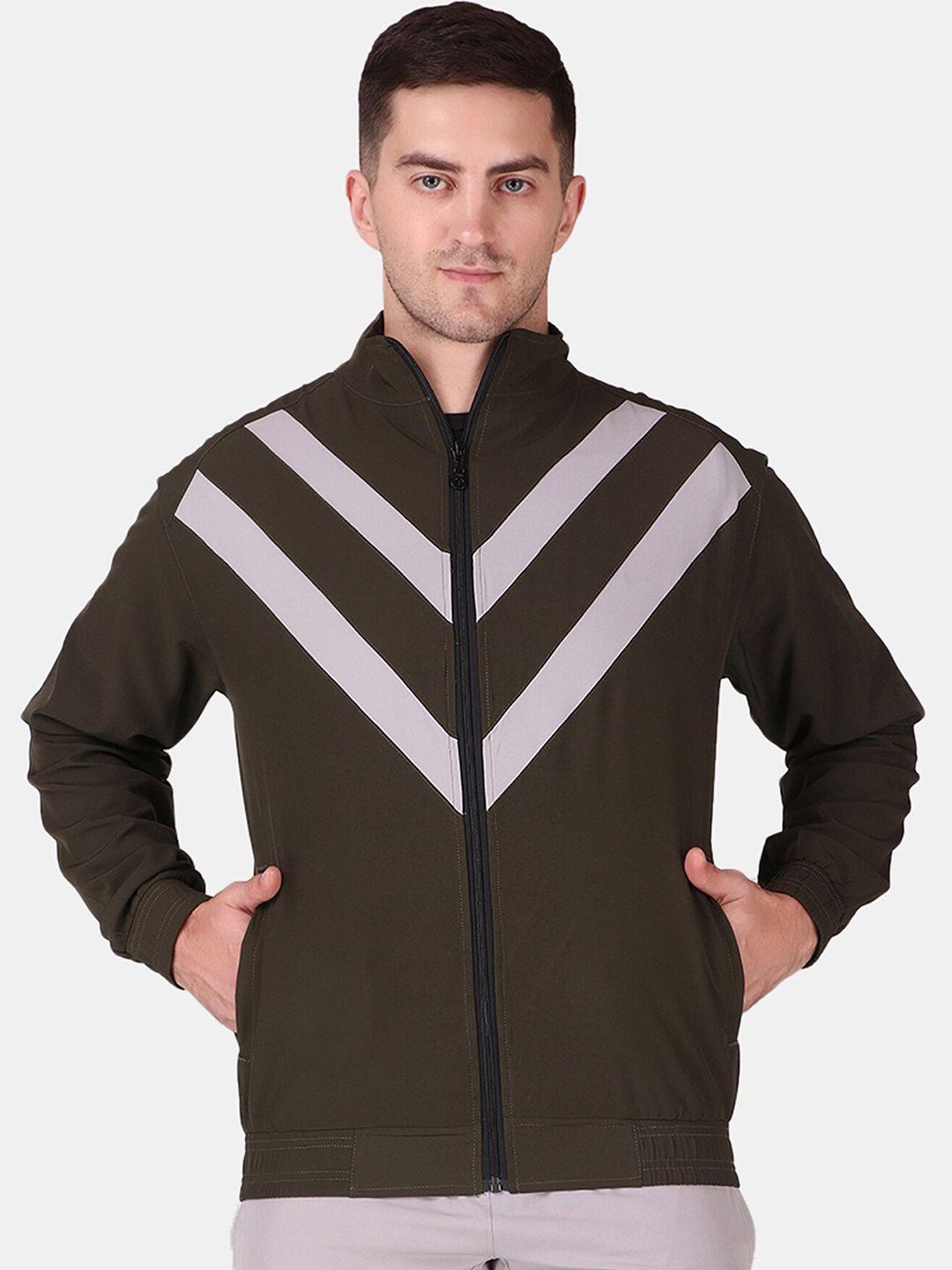 fitinc men olive green off white striped antimicrobial running sporty jacket