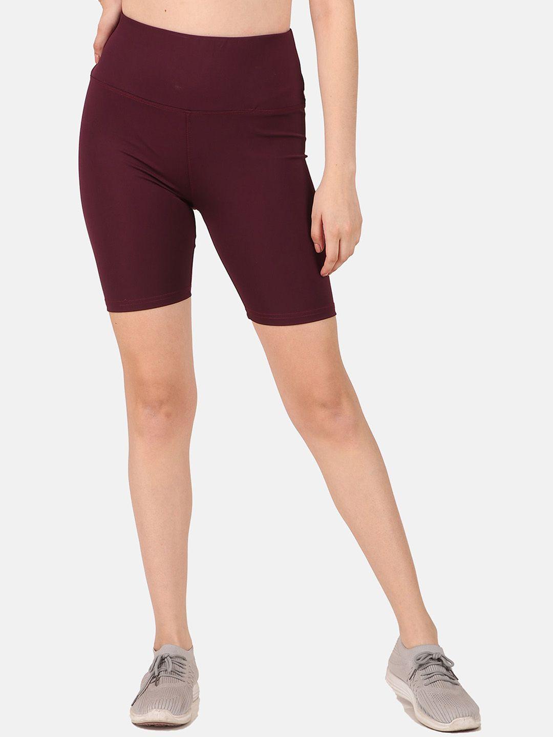 fitinc women maroon skinny fit high-rise training or gym sports shorts with antimicrobial technology