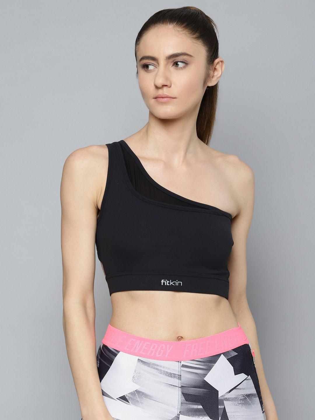 fitkin black one shoulder sports bra with front net detail
