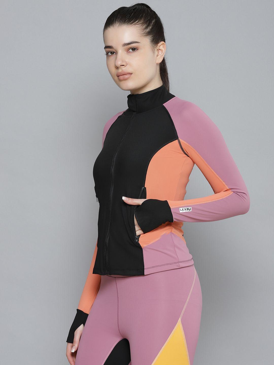 fitkin women black & orange colourblocked training quick dry sporty jacket