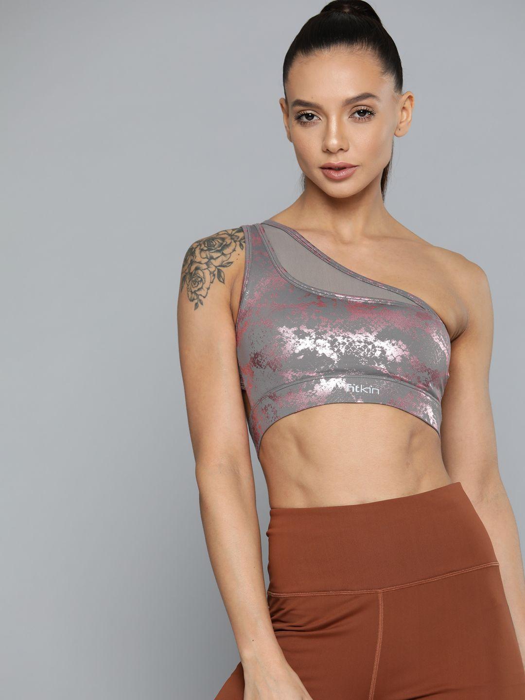 fitkin grey & pink abstract printed one shoulder sports bra b62-xs