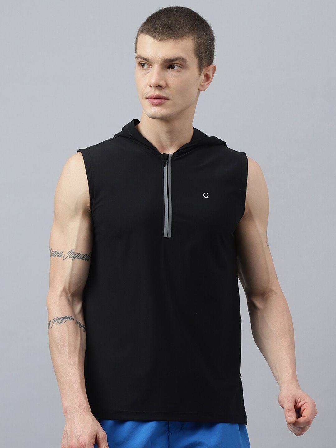 fitkin men black hooded anti odour pockets t-shirt