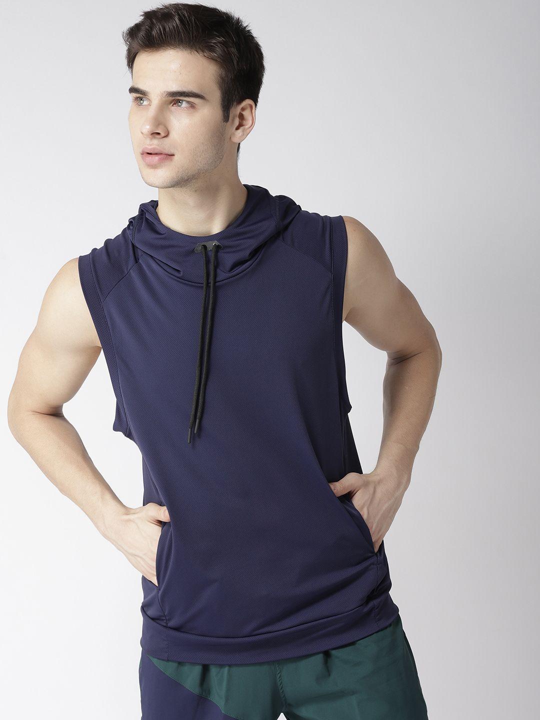 fitkin men navy blue solid hooded t-shirt