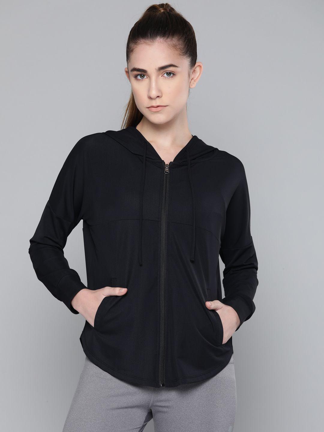 fitkin women black solid lightweight hooded training jacket