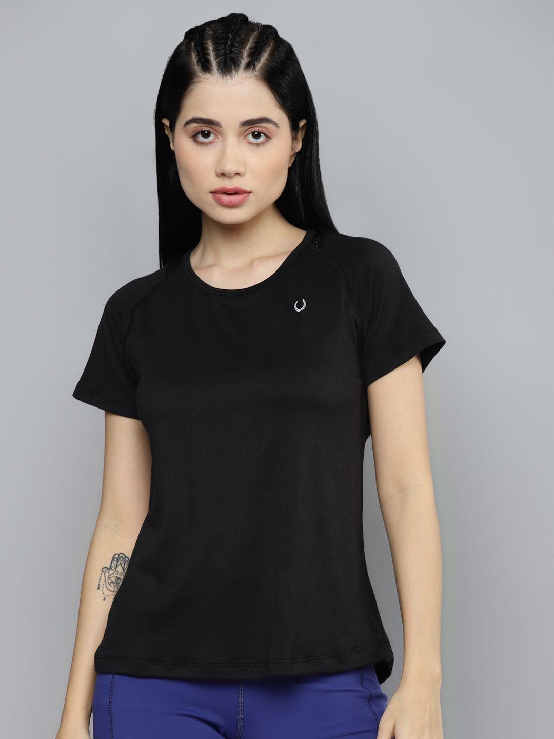 fitkin women black solid t-shirt