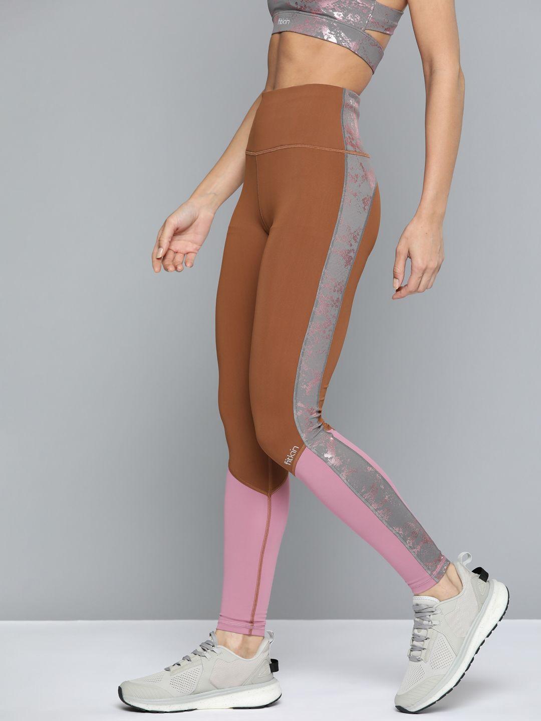 fitkin women brown & pink colourblocked tights