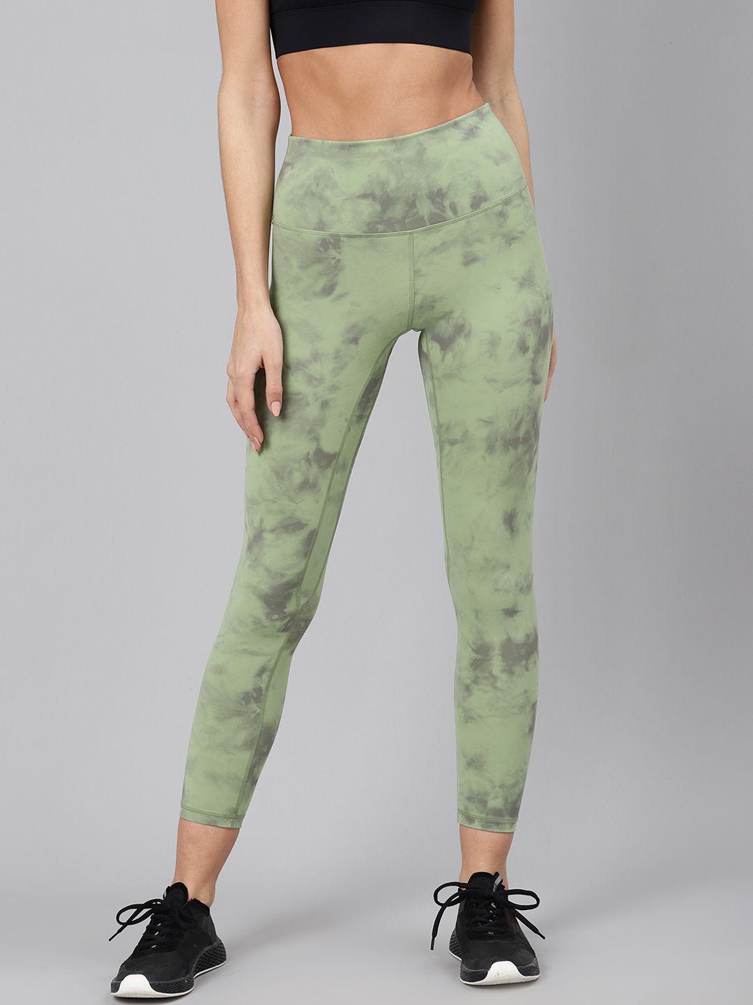 fitkin women green & black tie & dye printed quick dry cropped training tights