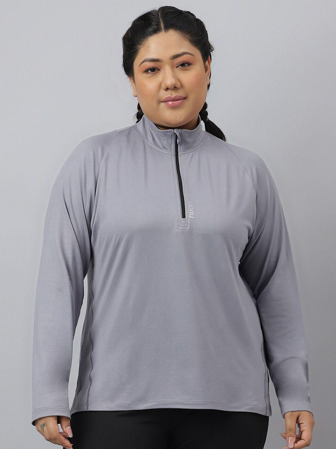 fitkin women grey & dapple gray high neck extended sleeves anti odour t-shirt