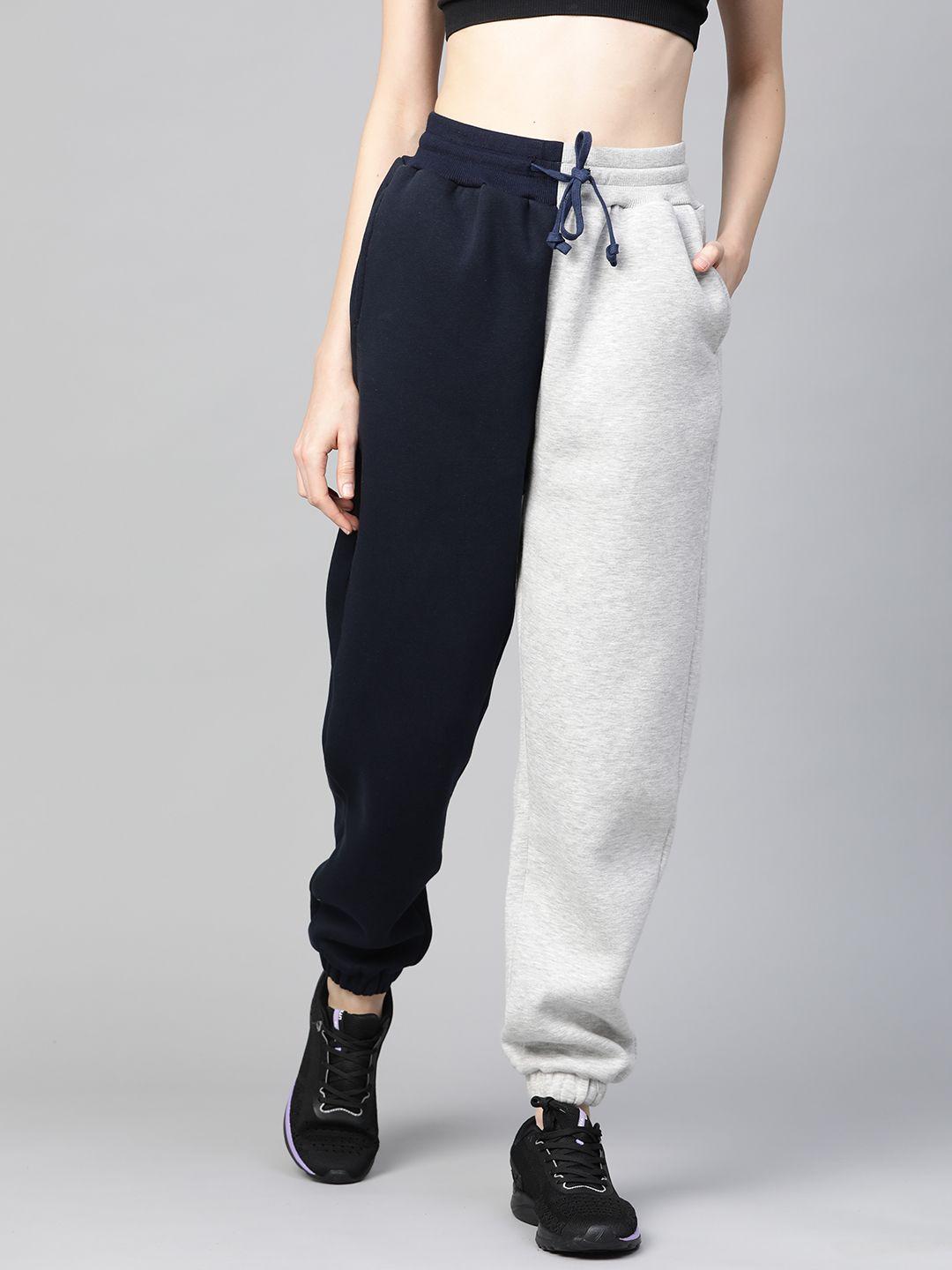 fitkin women grey melange and navy blue colourblocked winter joggers