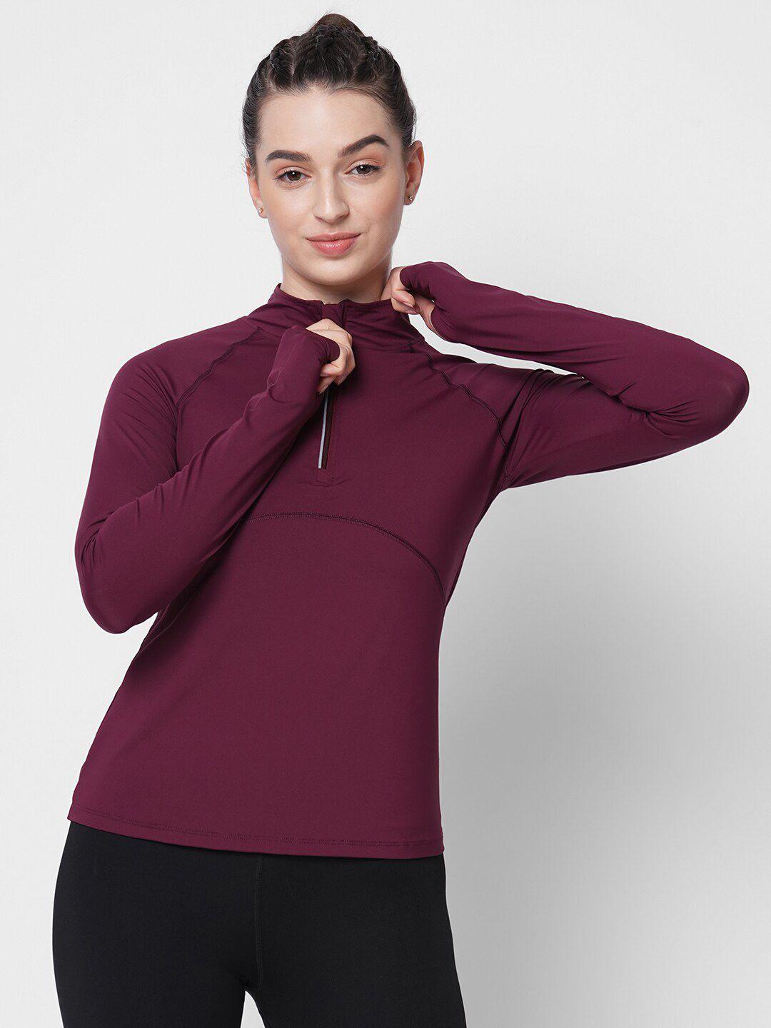 fitkin women maroon high neck anti odour t-shirt