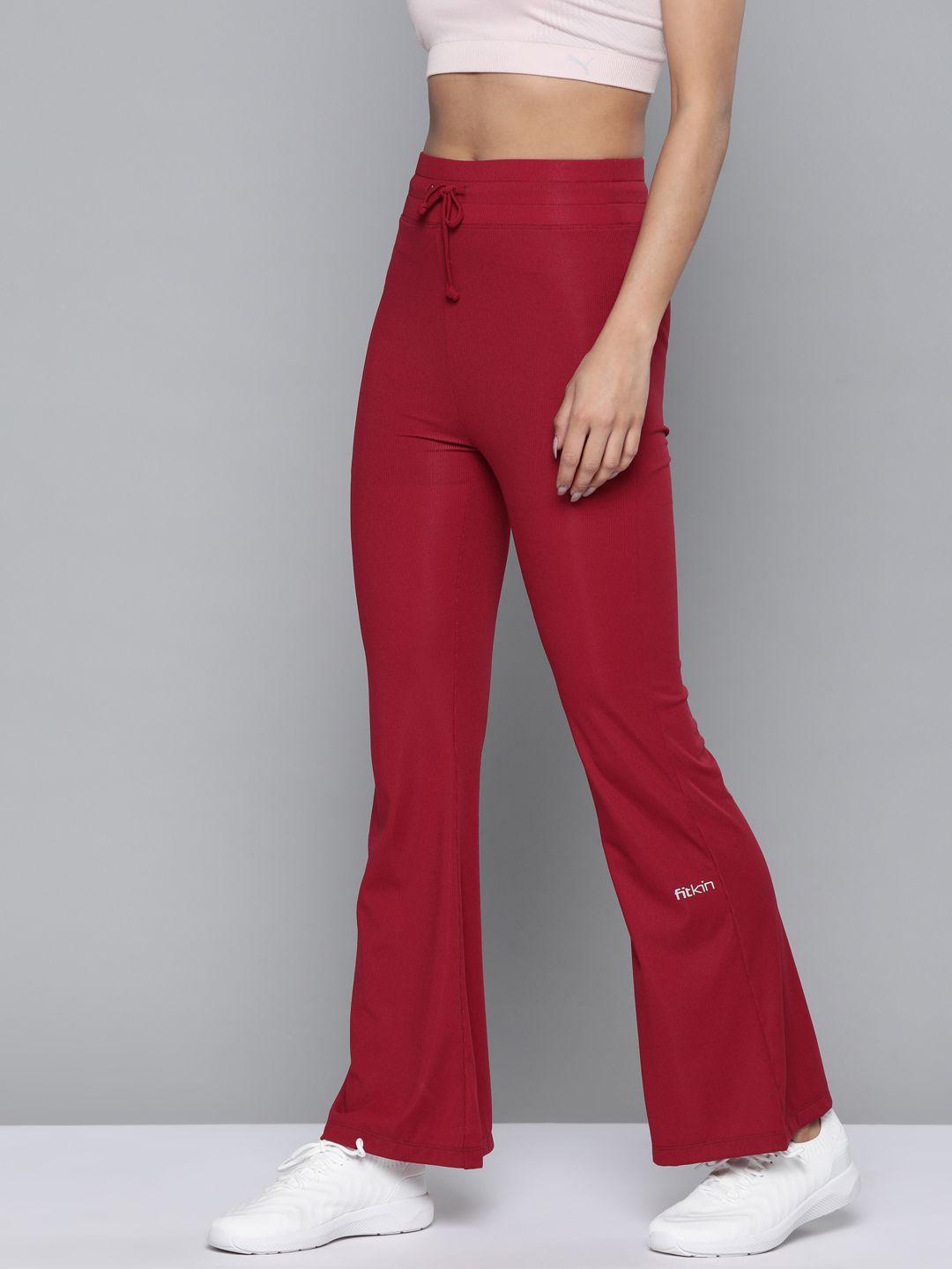 fitkin women maroon solid straight fit dry fit gym track pants