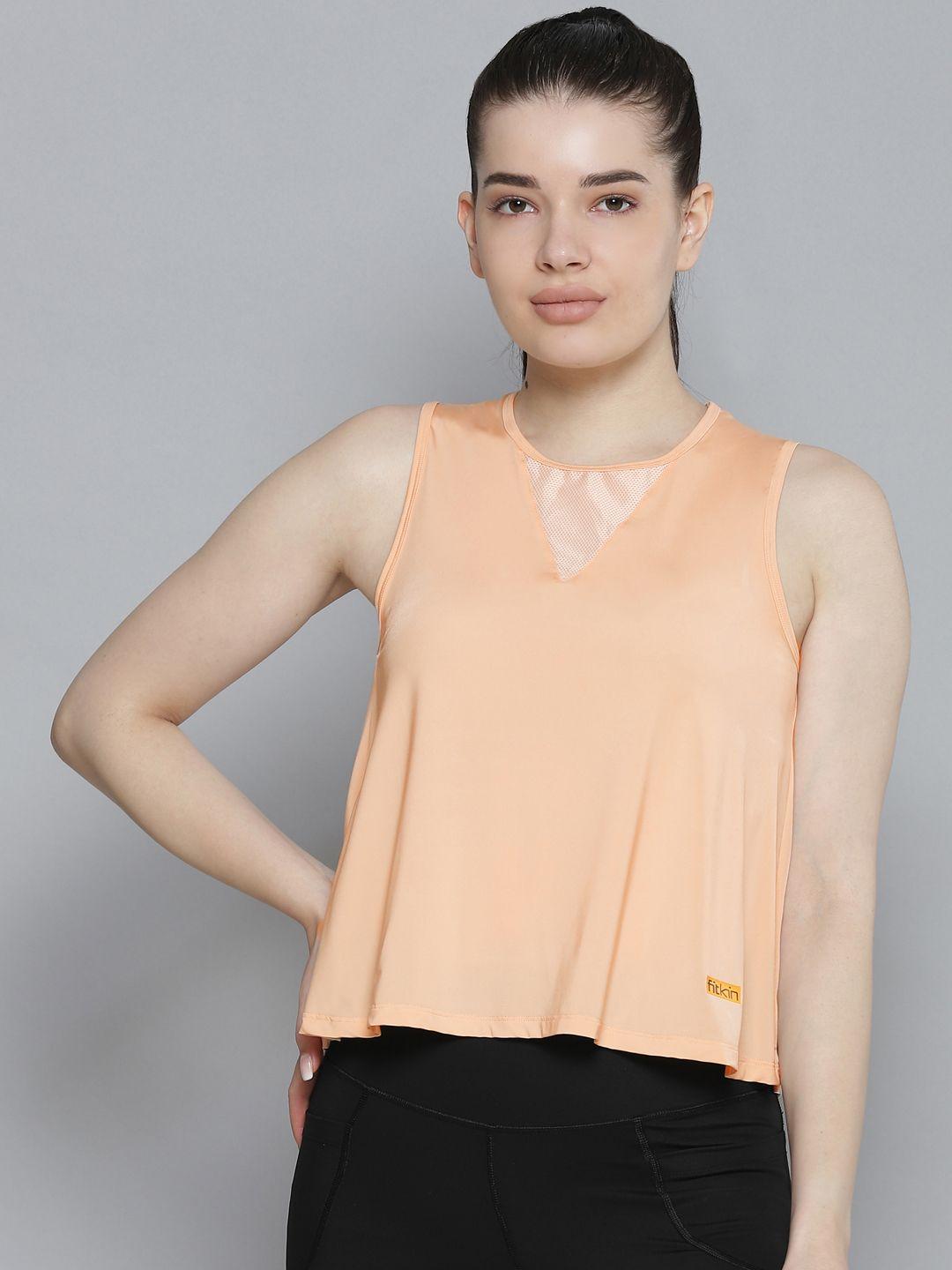 fitkin women nude-coloured solid breathable crop t-shirt