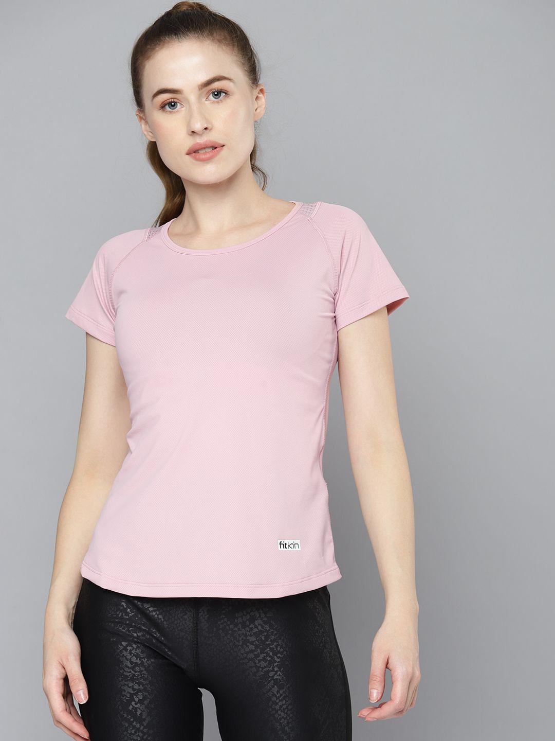 fitkin women pink self design training t-shirt